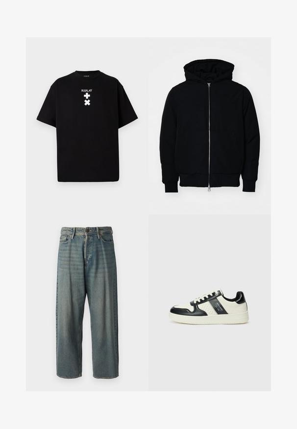 Black hooded jacket with front zipper, kangaroo pocket, ribbed cuffs, and hem, displayed on a plain white background.; Black short-sleeve t-shirt made of cotton, featuring a crew neck and white printed text and symbols on the front. Simple design, no patterns.; Light blue denim jeans with a loose fit, mid-rise waist, and straight legs. Features five pockets, belt loops, and a button closure.; Leather sneakers with a black and cream color scheme, featuring perforated accents, a padded collar, and a textured outsole.