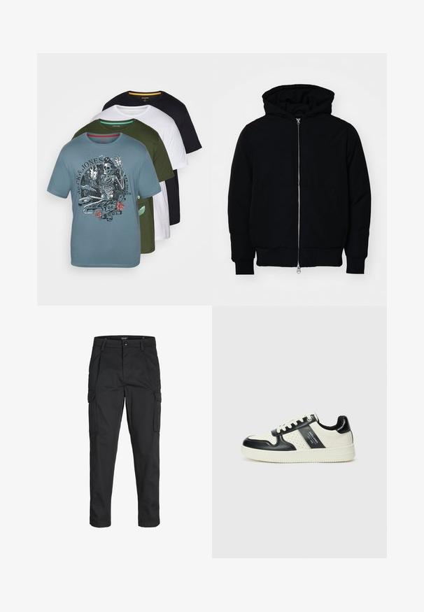 Čierna kapucňová bunda s predným zipsom, klokaními vreckami, rebrovanými manžetami a lemom, zobrazená na bielom pozadí.; Sada štyroch tričiek v modrej, zelenej, bielej a čiernej farbe. Modré tričko má na sebe grafiku kostry s textom a ružami. Materiál: bavlna.; Čierne cargo nohavice z odolnej látky, s viacerými vreckami, gombíkovým zapínaním a úzkym strihom so zúženými nohavicami.; Kožené tenisky v čierno-krémovej farbe, s perforovanými akcentmi, polstrovaným golierom a štruktúrovanou podrážkou.