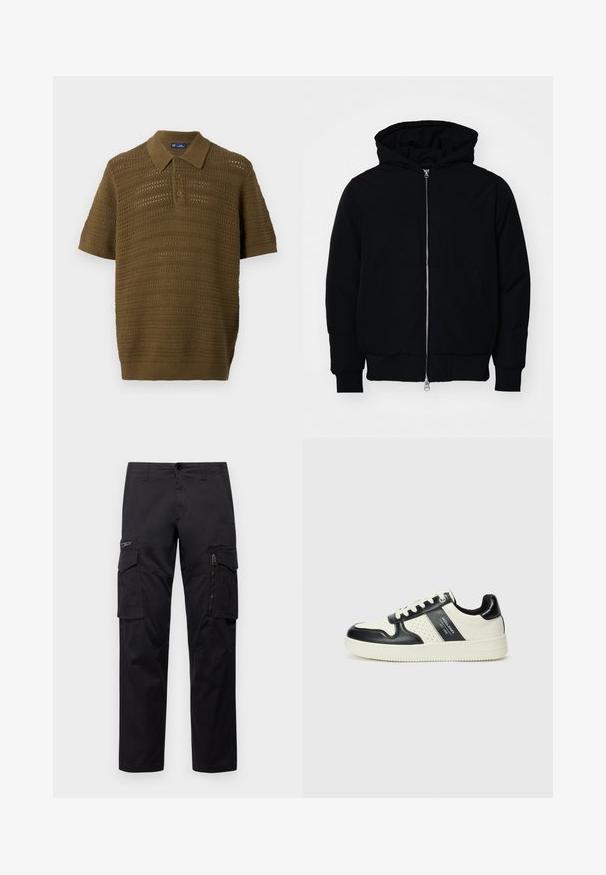 Čierna kapucňová bunda s predným zipsom, klokaními vreckami, rebrovanými manžetami a lemom, zobrazená na bielom pozadí.; Poloko s krátkym rukávom v olivovo zelenej farbe, s textúrovaným, otvoreným pleteným vzorom s horizontálnymi prúžkami a rebrovaným golierom a lemom.; Čierne cargo nohavice so zlato-všitém množstvom vreciek, zipsom na stehne, rovného strihu a odolnou bavlnenou tkaninou s jemným leskom.; Kožené tenisky v čierno-krémovej farbe, s perforovanými akcentmi, polstrovaným golierom a štruktúrovanou podrážkou.