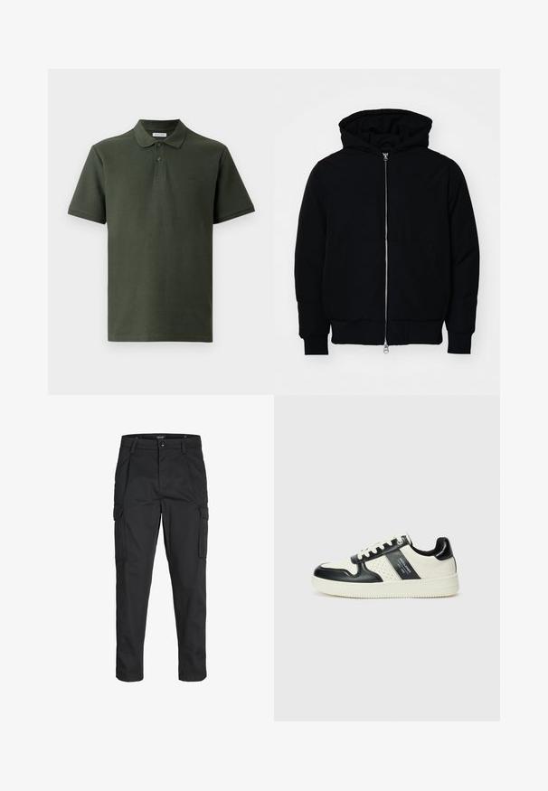 Černá kapucňová bunda s předním zipem, klokaní kapsou, vroubkovanými manžetami a spodním lemem, vystavená na čistém bílém pozadí.; Tmavě zelená polo košile vyrobená z texturované látky. Obsahuje límeček, dva knoflíky a malé logo na hrudi. Krátké rukávy.; Černé cargo kalhoty vyrobené z odolné tkaniny, s mnoha kapsami, knoflíkovým zapínáním a slim fit střihem se zúženými nohavicemi.; Kožené tenisky s černobílou barevnou kombinací, které mají perforované detaily, polstrovaný límec a texturovanou podrážku.