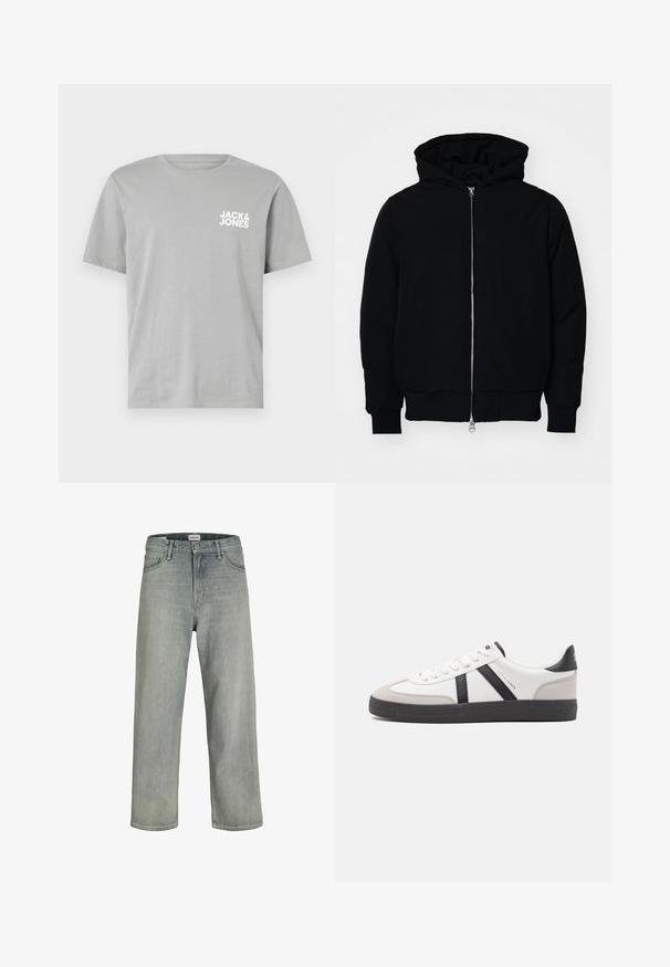 Melna kapucēta jaka ar priekšējo rāvējslēdzēju, kenguru kabatu, ribinātām aprocēm un apakšmalu, parādīta uz vienkārša balta fona.; Pelēks kokvilnas T-krekls ar īsām piedurknēm, apaļu kakla izgriezumu un baltu logo "JACK & JONES", kas izdrukāts kreisajā krūšu daļā.; Gai pelēki, brīvi pieguļoši džinsi no denima. Iekļauj klasisku piecu kabatu dizainu, jostas cilpas un taisnu kāju siluetu.; Baltas sneakeris ar melniem un pelēkiem akcentiem, kuram ir teksturēts pelēks purngals, melna gumijas zole un plakanas baltas šņores. Tīrs dizains, minimālisma stils.