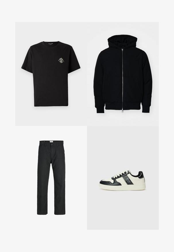 Melna kapucēta jaka ar priekšējo rāvējslēdzēju, kenguru kabatu, ribinātām aprocēm un apakšmalu, parādīta uz vienkārša balta fona.; Melnā kokvilnas T-kreklā ir apaļa dekoltē un īsas piedurknes. Tam uz krūtīm ir neliels, izsmalcināts acs dizains ar saules stariem bēšā krāsā.; Melnas bikses no izturīga auduma, ar taisna griezuma dizainu, izšūtām akcentiem un divām priekšējām kabatām funkcionālitātei.; Ādas sporta apavi ar melnbaltu krāsu shēmu, ar perforētiem akcentiem, mīkstinātu apkakli un teksturētu zoli.