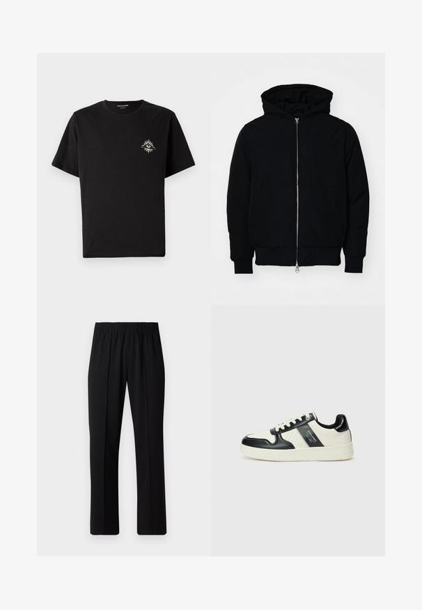 Black hooded jacket with front zipper, kangaroo pocket, ribbed cuffs, and hem, displayed on a plain white background.; Black cotton t-shirt featuring a round neckline and short sleeves. It has a small, intricate eye design with sun rays in beige on the chest.; Black, elastic-waist trousers with a straight-leg design, featuring a smooth texture and no visible patterns or hardware.; Leather sneakers with a black and cream color scheme, featuring perforated accents, a padded collar, and a textured outsole.