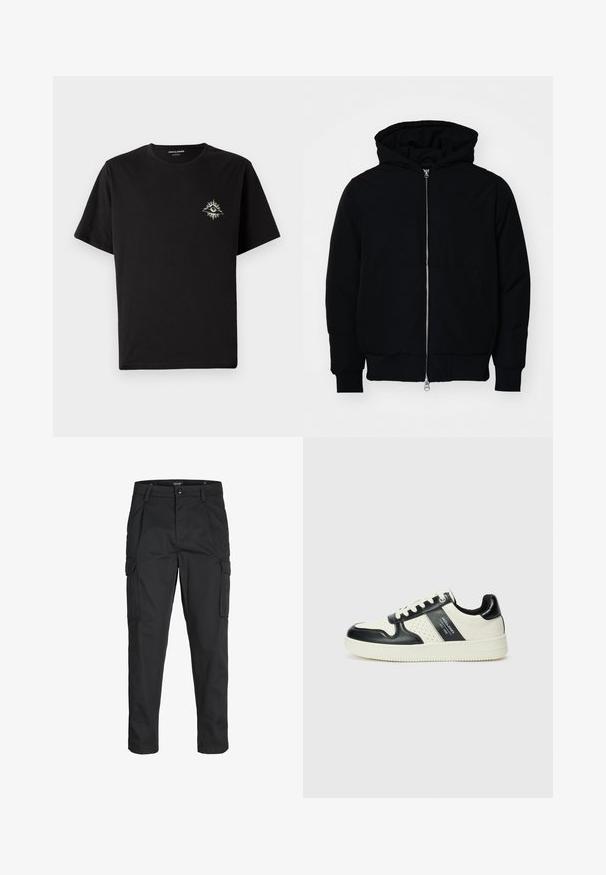 Svart huoodiejacka med framdragkedja, känguruficka, ribbade ärmslut och nederkant, uppställd mot en vit bakgrund.; Svart bomulls t-shirt med rund halsringning och korta ärmar. Den har en liten, detaljerad ögonmotivet med solstrålar i beige på bröstet.; Svarta cargobyxor tillverkade av hållbart tyg, med flera fickor, knappstängning och en smal passform med avsmalnande ben.; Läder sneakers med en svart och krämfärgad färgsättning, med perforerade detaljer, en vadderad krage och en strukturerad yttersula.