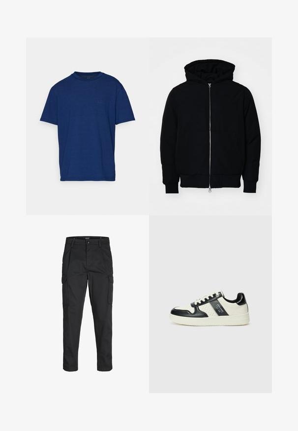 Black hooded jacket with front zipper, kangaroo pocket, ribbed cuffs, and hem, displayed on a plain white background.; GAP LOGO ORIGINAL - Basic T-shirt - dark indigo; Black cargo pants made of sturdy fabric, featuring multiple pockets, a button closure, and a slim fit design with tapered legs.; Leather sneakers with a black and cream color scheme, featuring perforated accents, a padded collar, and a textured outsole.