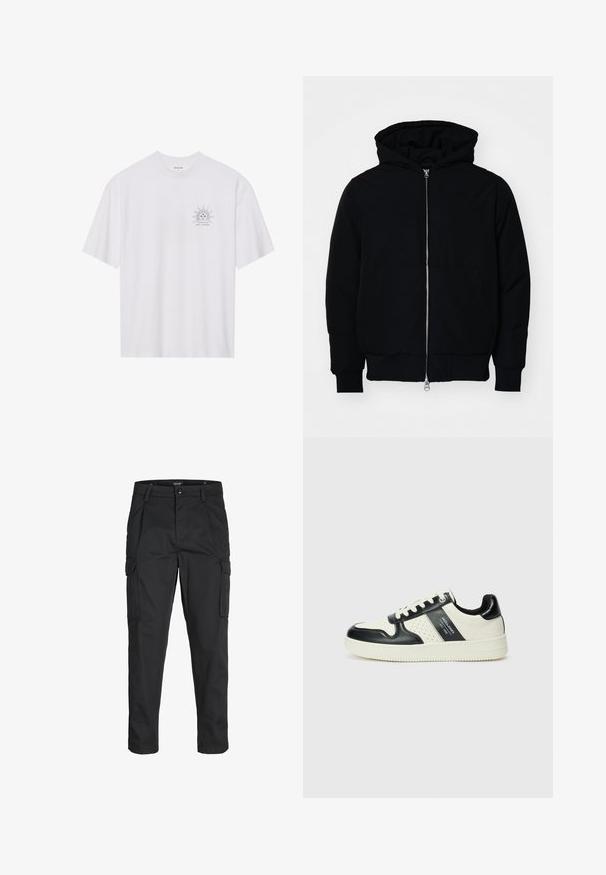 Black hooded jacket with front zipper, kangaroo pocket, ribbed cuffs, and hem, displayed on a plain white background.; White cotton t-shirt with short sleeves, featuring a sun graphic in black on the left chest area, and "NAVIGATE THE COSMOS" text beneath.; Black cargo pants made of sturdy fabric, featuring multiple pockets, a button closure, and a slim fit design with tapered legs.; Leather sneakers with a black and cream color scheme, featuring perforated accents, a padded collar, and a textured outsole.