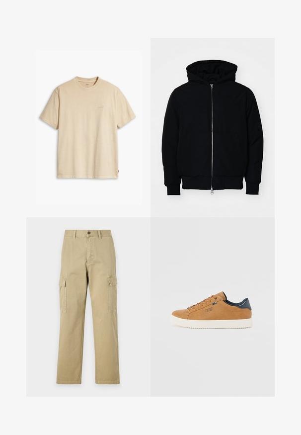 Melna kapucēta jaka ar priekšējo rāvējslēdzēju, kenguru kabatu, ribinātām aprocēm un apakšmalu, parādīta uz vienkārša balta fona.; Bežs kokvilnas T-krekls ar apaļu apkakli un īsām piedurknēm. Priekšpusē ir smalka "Levi's" logo tajā pašā krāsā. Mīksta tekstūra.; Beige kravas bikses no kokvilnas, kas aprīkotas ar divām sānu kabatām, pogu aizdari un taisnām kājām ar nedaudz teksturētu audumu.; Brūni ādas sporta apavi ar baltu gumijas zoli, ar apaļām šņorēm, zilu akcentu un gludu tekstūru. Vienkāršs, zems profils dizains.