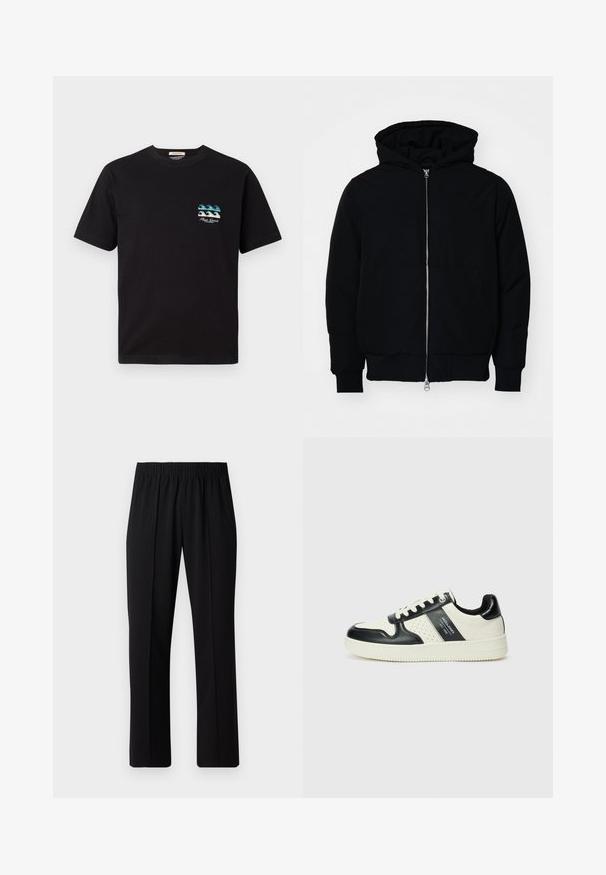 Svart hettejakke med frontglidelås, kengurulomme, ribbestrikket mansjetter og søm, vist på en ensfarget hvit bakgrunn.; Svart bomulls t-skjorte med korte ermer. Har et lite blått og hvitt bølgesymbol på venstre bryst. Rund hals og avslappet passform.; Svart, elastisk midjebukser med rett ben-design, med en glatt tekstur og uten synlige mønstre eller maskinvare.; Lædersneakers med sort og creme farveskema, der har perforerede detaljer, en polstret krave og en struktureret ydersål.