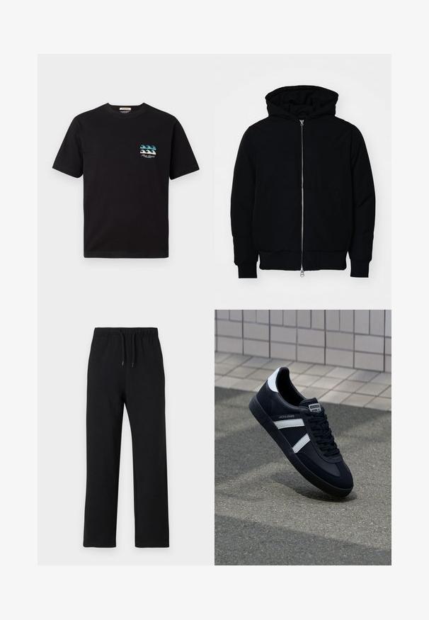Mustaga kapuutsiga jakk, millel on esineed, kenguru tasku, soonikkoes, ja alläär, esitatud lihtsal valgel taustal.; Must musta t-särk lühikeste varrukatega. Vasakul rinnal on väike sinise ja valge laine graafika. Ümar kaelus, mugav lõige.; Jack & Jones JPSTKANE JJCHARGE UNCUFFED - Dresside alumine osa - black; Must have musta sneaker musta valgete triipudega, tekstuurne kummitald ja nööridega esiosa. Omab bränditud märki keele peal.