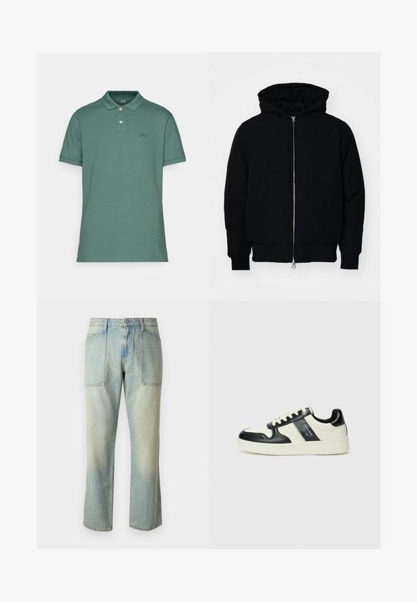 Černá kapucňová bunda s předním zipem, klokaní kapsou, vroubkovanými manžetami a spodním lemem, vystavená na čistém bílém pozadí.; GAP LOGO - Polotričko - forest green; Světle modré džíny s rovnou nohavicí, viditelným švem a dvěma velkými předními kapsami. Tkanina má vybledlý povrch.; Kožené tenisky s černobílou barevnou kombinací, které mají perforované detaily, polstrovaný límec a texturovanou podrážku.