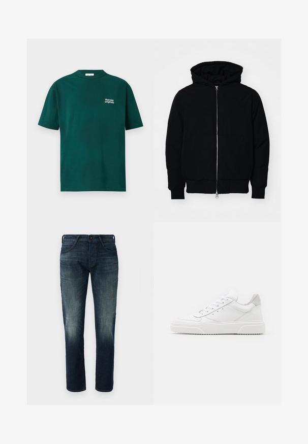 Černá kapucňová bunda s předním zipem, klokaní kapsou, vroubkovanými manžetami a spodním lemem, vystavená na čistém bílém pozadí.; Tmavě zelené bavlněné tričko s kulatým výstřihem a krátkým rukávem. Na levé části hrudi se nachází bílý nápis "the new originals".; Tmavě modré džíny rovného střihu s mírným vyblednutím na stehnech a kolenou, s předním zapínáním na knoflík a zip a s pěti kapsami.; Bílé kožené tenisky s hladkým povrchem, zaoblenou špičkou, plochými tkaničkami a texturovanou podrážkou. Šedý semišový detail na patě.