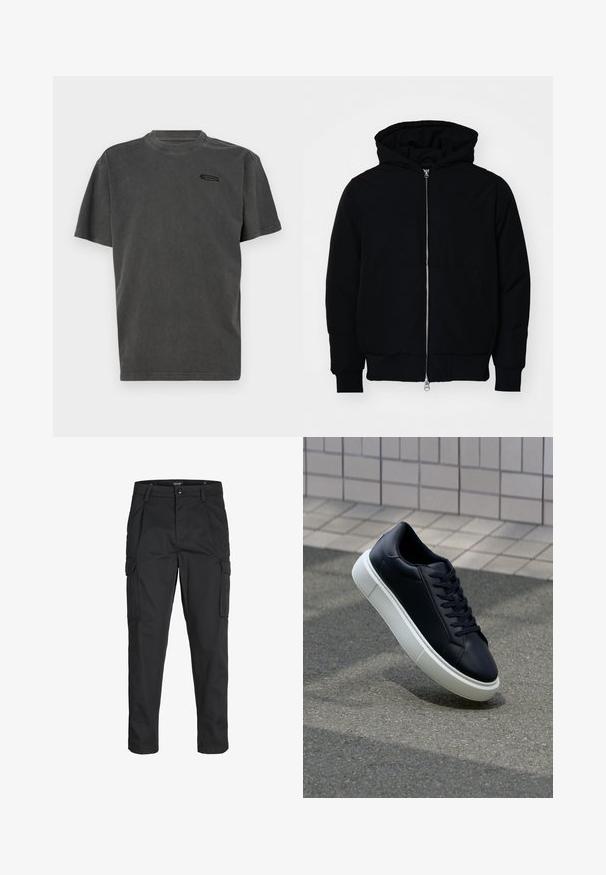 Fekete kapucnis dzseki elülső cipzárral, kenguruzsebbel, bordázott mandzsettákkal és aba, egy sima fehér háttér előtt.; Szürke pamut póló rövid ujjakkal, kerek nyakkivágással és egy kis fekete logóval a mellkasán. Puha tapintású, laza szabású.; Fekete cargo nadrág, amely tartós anyagból készült, több zsebet tartalmaz, gombos záródással rendelkezik, és karcsú szabású, szűkített lábakkal bír.; Fekete bőr sportcipő lekerekített orral és fehér gumitalppal. Lapos fűzőkkel és minimális varrásokkal rendelkezik a felsőrészén. Mintás talp a tapadásért.