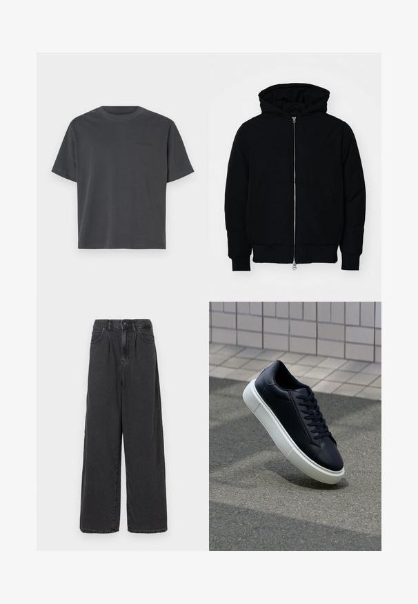 Zwarte hoodie met rits aan de voorkant, kangoeroe-pocket, geribbelde manchetten en zoom, weergegeven op een effen witte achtergrond.; Donkergrijze katoenen T-shirt met een ronde hals, korte mouwen, rechte zoom en subtiele tekstdetails op de borst.; Brede pijpen, hooggewaste zwarte denim broek met een sluiting met een knoop en rits aan de voorkant, voorzien van zijzakken en een soepele textuur.; Zwarte leren sneaker met een ronde neus en een witte rubberen zool. Voorzien van platte veters en minimale stiksels op het bovenwerk. Textuurrijke zool voor grip.
