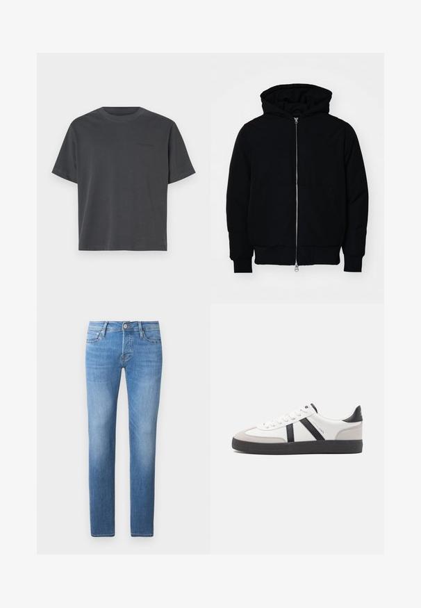 Mustaga kapuutsiga jakk, millel on esineed, kenguru tasku, soonikkoes, ja alläär, esitatud lihtsal valgel taustal.; Tumehall puuvillane T-särk ümmarguse kaelusega, lühikeste varrukatega, otse alläärega ja diskreetse teksti detailiga rinnal.; Heledad hallikad denimpüksid sirge jalaga lõikega, millel on nööp ja tõmblukk, viis taskut ning kerge tuhmumine.; Valged tossud mustade ja hallide aktsentidega, tekstureeritud halli varbakattega, musta kummitald ja lamedad valged paelad. Puhtad jooned, minimalistlik stiil.