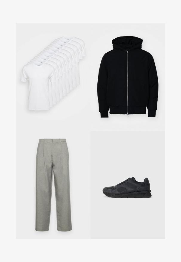 Jachetă neagră cu glugă, cu fermoar în față, buzunar tip kangaroo, mansete și tiv ribbed, prezentată pe un fundal alb simplu.; Tricouri albe aranjate într-un rând, având gâtul rotund și mâneci scurte. Fabricate din bumbac, cu o textură netedă și uniformă.; Pantaloni gri tăiați, dintr-un material texturat, cu un design drept, pliuri frontale și un talie standard cu bucle pentru curea.; Replay ARTHUR ATOM - Sneakers low - black