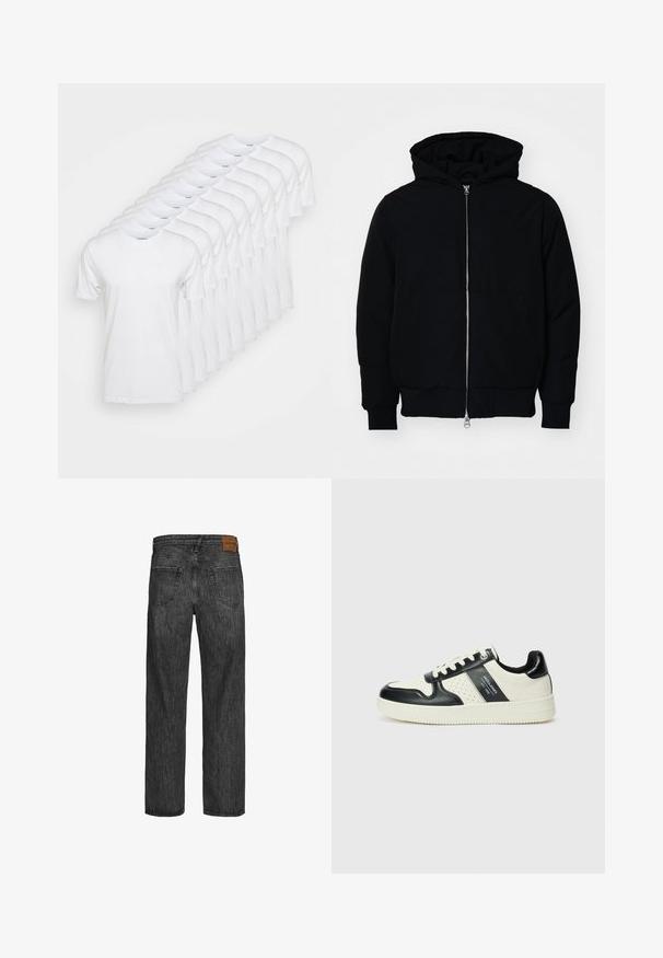 Czarna kurtka z kapturem, z suwakiem z przodu, kieszenią kangurką, ściągaczami przy mankietach i dolnym brzegu, prezentowana na jednolitym białym tle.; Białe t-shirty ułożone w rzędzie, z okrągłymi dekoltami i krótkimi rękawami. Wykonane z bawełny, o gładkiej, jednolitej fakturze.; Czarne dżinsy denimowe o prostym kroju, styl pięciu kieszeni oraz brązowa skórzana łatka przy pasie. Teksturowana tkanina z detalami przeszycia.; Skórzane sneakersy w czarno-kremowym schemacie kolorystycznym, z perforowanymi akcentami, wyściełanym kołnierzem i teksturowaną podeszwą.