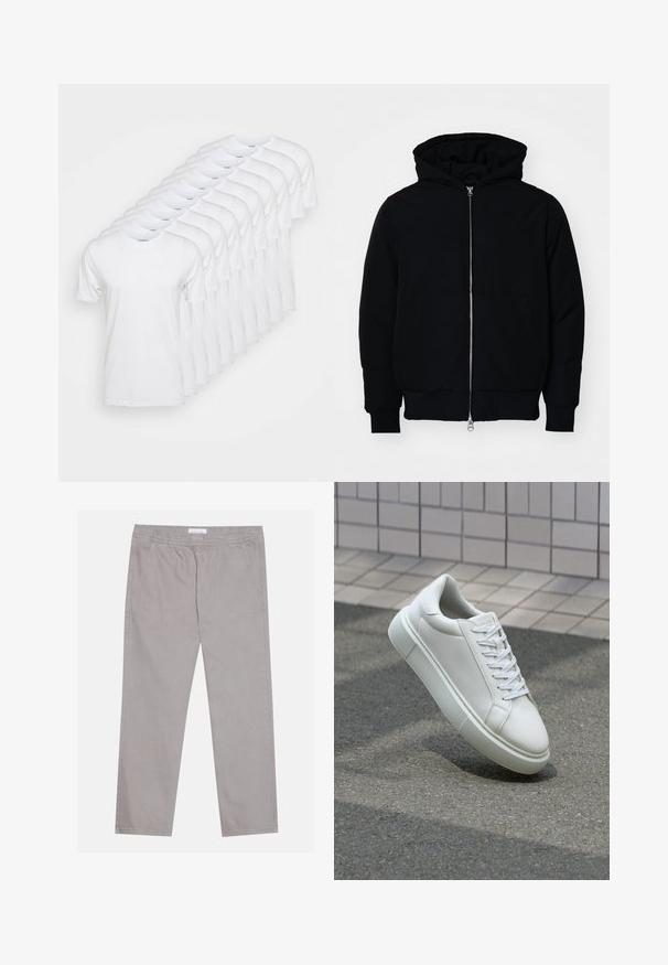 Mustaga kapuutsiga jakk, millel on esineed, kenguru tasku, soonikkoes, ja alläär, esitatud lihtsal valgel taustal.; Valged t-särgid, mis on paigutatud ritta, koos ümarate kaelustega ja lühikeste varrukatega. Valmistatud kaubamärgi puuvillast, millel on sile ja ühtlane tekstuur.; Heledad hallid puuvillased püksid, millel on elastne vöökoht, kaks külgtaskut, sirge jala disain ja sile tekstuur. Lihtne õmbluse detail.; Valge nahkline sneka, millel on sile pind, ümar varvas ja lame valge pael. Omab tekstuuriga kummist talla ja minimaalset kujunduselementi.