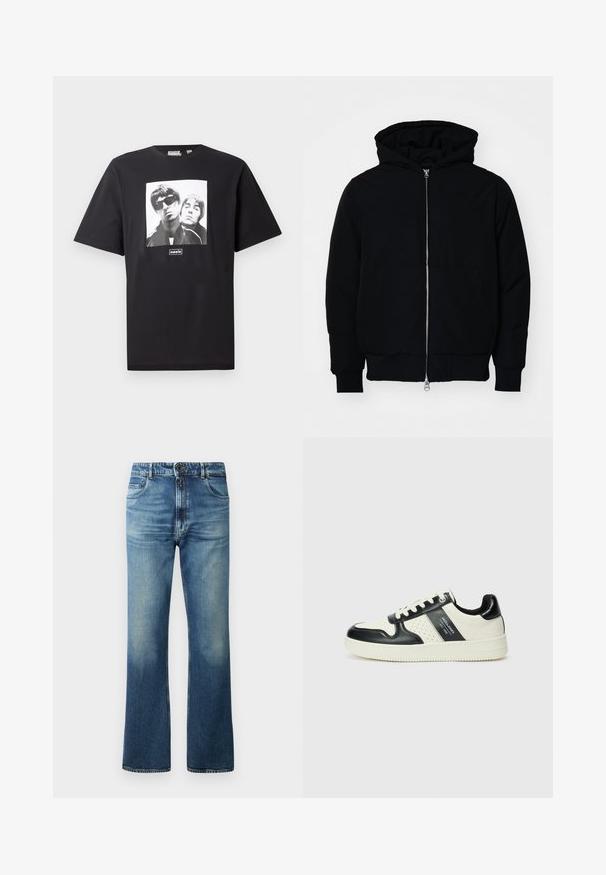 Svart hettejakke med frontglidelås, kengurulomme, ribbestrikket mansjetter og søm, vist på en ensfarget hvit bakgrunn.; Svart bomullst-skjorte med et kvadratisk hvitt grafikk av to figurer, logoen "oasis" under bildet. Korte ermer, rund hals.; Blå denimjeans med flared ben design, med en falmet vask, fem lommer og knappeåpning.; Lædersneakers med sort og creme farveskema, der har perforerede detaljer, en polstret krave og en struktureret ydersål.