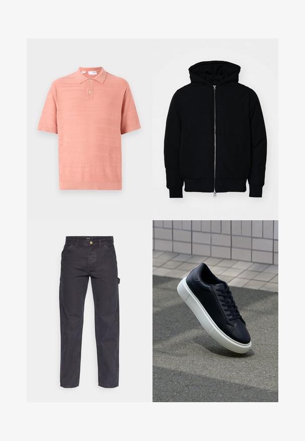 Fekete kapucnis dzseki elülső cipzárral, kenguruzsebbel, bordázott mandzsettákkal és aba, egy sima fehér háttér előtt.; Rövid ujjú póló világos rózsaszínben, textúrázott mintával és két gombos gallérral. Puha, légáteresztő kötött anyagból készült.; Sötétszürke cargo nadrág tartós anyagból, egyenes szárú fazonnal, öt zsebbel és gombos derékzárral.; Fekete bőr sportcipő lekerekített orral és fehér gumitalppal. Lapos fűzőkkel és minimális varrásokkal rendelkezik a felsőrészén. Mintás talp a tapadásért.