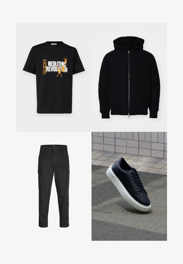 Juodas gobtuvėlis su priekiniu užtrauktuku, kengūros tipo kišene, lygiais rankogaliais ir apvadu, pateiktas ant vientiso balto fono.; Juodas medvilninis marškinėliai su grafikiniu spausdinimu, kuriame yra tekstas "NEOLITINĖ REVOLIUCIJA" baltos ir oranžinės spalvų, vaizduojantis stilizuotus figūras.; Juodi krovinių tipo džinsai, pagaminti iš tvirto audinio, su keliais kišeniais, mygtuko uždarymu ir siauru, prigludusiu dizainu su siaurėjančiomis kojomis.; Juodas odinis sportbačius su apvaliu pirštu ir baltu gumuotu padu. Turi plokščias raišteles ir minimalų siuvimą viršuje. Padangos tekstūra užtikrina sukibimą.