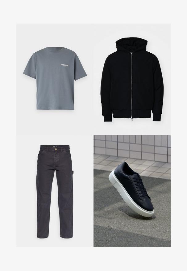 Crna kapuška jakna s prednjim zatvaračem, kenguru džepom, rebrastim manžetama i rubom, prikazana na običnoj bijeloj pozadini.; Siva pamučna majica s kratkim rukavima, s malim bijelim logotipom "ORIGINALS" na lijevoj strani prsnog dijela. Jednostavan dizajn s okruglim izrezom.; Tamno sivi cargo hlače od izdržljivog materijala, s ravnim krojem, pet džepova i kopčanjem na dugme u struku.; Crne kožne tenisice s zaobljenim vrhom i bijelim gumiranim potplatom. Imaju ravne vezice i minimalno šivanje na gornjem dijelu. Teksturirani potplat za bolje prianjanje.