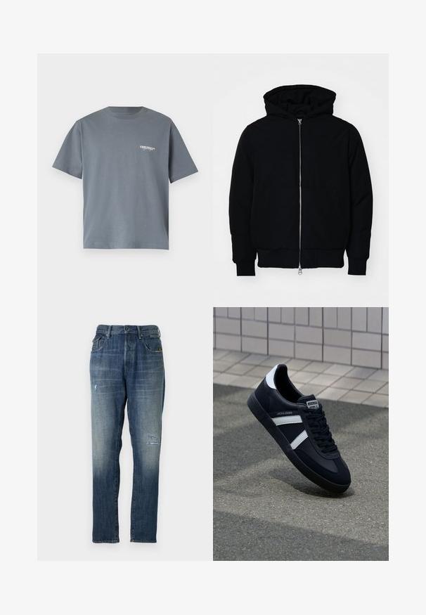 Mustat huppu-untuvatakki, jossa on vetoketju edessä, kenguru-tasku, ribatut hihansuut ja helma, esillä yksinkertaisella valkoisella taustalla.; Harmaa puuvillapaita, jossa on lyhyet hihat, ja vasemmassa rintakappaleessa on pieni valkoinen "ORIGINALS" -logo. Yksinkertainen pyöreä pääntie.; Farkut denimi, haalistuneen sinisen värin, suoran lahkeisen muotoilun, kohtuullisen kulumisen etupuolella ja klassisen viiden taskun tyylin.; Mustat nahkakengät valkoisilla raidoilla, teksturoitu kumipohja ja nauha edessä. Varustettu merkkitarralla kielen päällä.