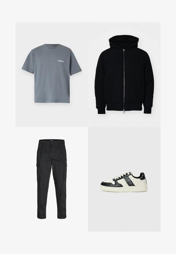 Czarna kurtka z kapturem, z suwakiem z przodu, kieszenią kangurką, ściągaczami przy mankietach i dolnym brzegu, prezentowana na jednolitym białym tle.; Szara bawełniana koszulka z krótkim rękawem, z małym białym logo "ORIGINALS" na lewej klatce piersiowej. Prosty krój z okrągłym dekoltem.; Czarne spodnie cargo wykonane z wytrzymałego materiału, z wieloma kieszeniami, zapięciem na guzik oraz zwężanym krojem nogawek.; Skórzane sneakersy w czarno-kremowym schemacie kolorystycznym, z perforowanymi akcentami, wyściełanym kołnierzem i teksturowaną podeszwą.