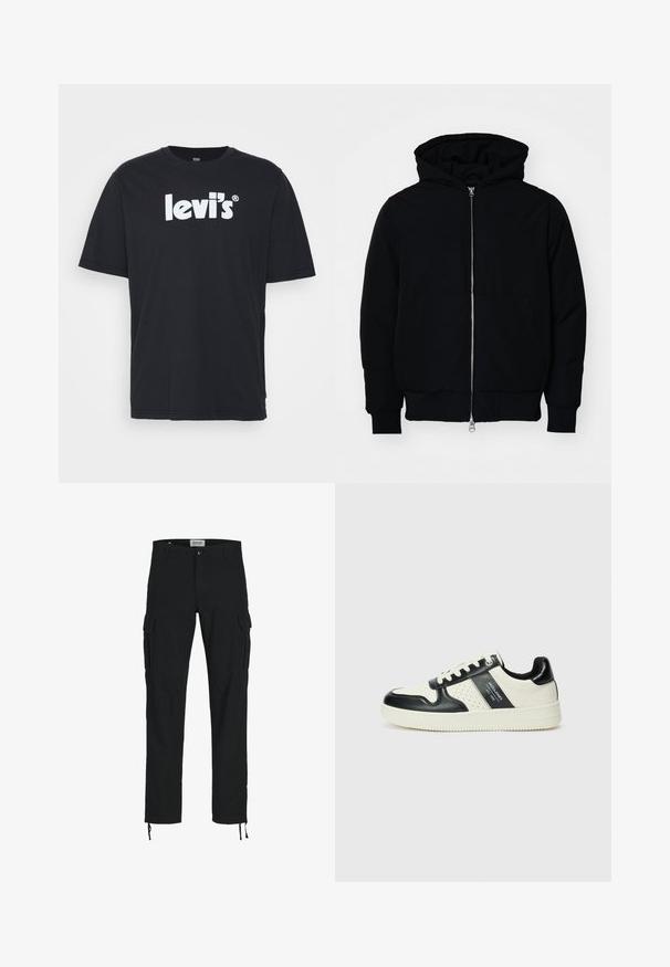 Black hooded jacket with front zipper, kangaroo pocket, ribbed cuffs, and hem, displayed on a plain white background.; Levi's® RELAXED FIT - Print T-shirt - caviar; Black cargo pants with a straight cut, featuring side pockets, a button closure, and elastic drawstrings at the ankles. Made from durable fabric.; Leather sneakers with a black and cream color scheme, featuring perforated accents, a padded collar, and a textured outsole.