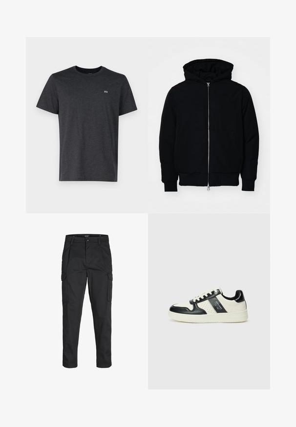 Black hooded jacket with front zipper, kangaroo pocket, ribbed cuffs, and hem, displayed on a plain white background.; Dark gray short-sleeve t-shirt made from soft fabric, featuring a crew neckline and a small embroidered logo on the left chest.; Black cargo pants made of sturdy fabric, featuring multiple pockets, a button closure, and a slim fit design with tapered legs.; Leather sneakers with a black and cream color scheme, featuring perforated accents, a padded collar, and a textured outsole.