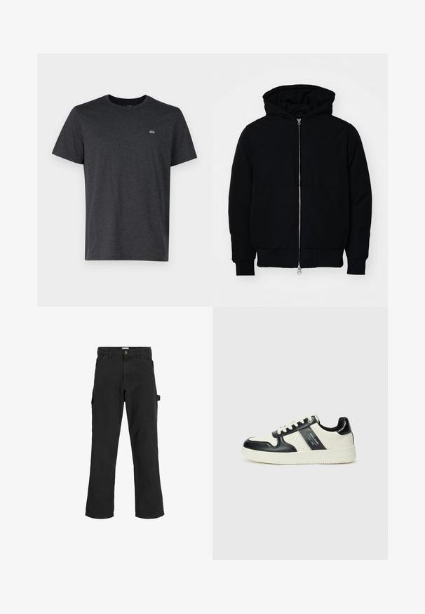 Mustaga kapuutsiga jakk, millel on esineed, kenguru tasku, soonikkoes, ja alläär, esitatud lihtsal valgel taustal.; Tumehall kahte varrukat valmistatud pehmest kangast, ringkaelusega ja vasakus rinnas väikese tikandiga logoga.; Mustad seljandavad püksid puuvilla ja sünteetilise segu kangast. Omavad laiu jalgu, ees kaldus taskuid ning külgtaskut, millel on tarvikute jaoks silmus.; Nahatud nahkkingad musta ja kreemi värviskeemiga, millel on perforeeritud aktsendid, pehme krae ja tekstureeritud tallad.