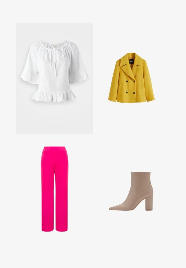 Geel wollen blend peacoat met een getextureerde afwerking, dubbelgeknoopte stijl, brede revers, twee voorste patchzakken en zwarte knoopaccenten.; Witte blouse met korte mouwen, een ruches onderrand en een elastische halslijn, met een strikdetail aan de voorkant. Gemaakt van lichte stof.; Seasalt Cornwall Longsleeve - white salt; Heldere roze wijde broek met een soepele textuur en een hoge taille. Gemaakt van lichte stof voor comfort en bewegingsvrijheid.; Beige enkelboot met een spitse neus, gemaakt van een glad materiaal, met een transparante blokhak en een minimalistisch ontwerp.