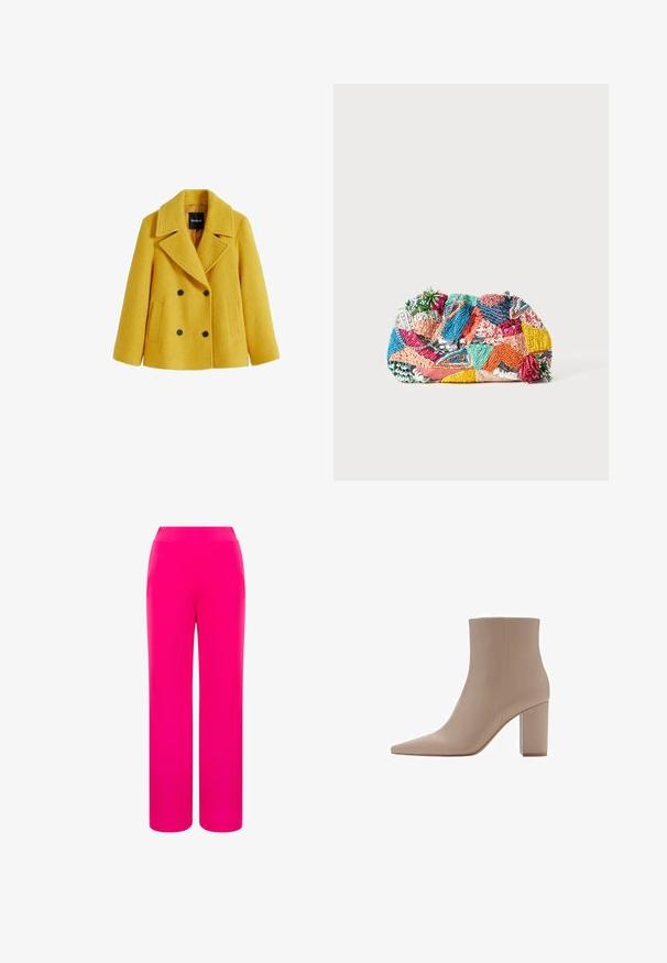 Manteau de marin en mélange de laine jaune avec une finition texturée, design double boutonnage, larges revers, deux poches plaquées à l'avant et accents de boutons noirs.; Seasalt Cornwall T-shirt à manches longues - white salt; Pantalon large rose vif avec une texture lisse et un design taille haute. Fabriqué en tissu léger pour le confort et la liberté de mouvement.; Bottine beige à bout pointu, fabriquée en matériau lisse, dotée d'un talon bloc transparent et d'un design minimaliste.; Pochette tissée colorée présentant divers motifs en rose, bleu, vert et jaune, avec des ornements texturés et des accents décoratifs.