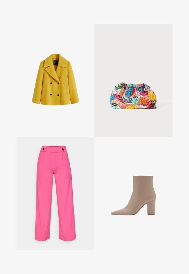 Žlutý vlněný blendový kabát typu peacoat s texturovaným povrchem, dvouřadým zapínáním, širokými klopami, dvěma předními našitými kapsami a černými knoflíkovými akcenty.; Seasalt Cornwall Top s dlouhým rukávem - white salt; Světlé růžové kalhoty s širokými nohavicemi a hladkým povrchem, mají plochý pas a dva černé knoflíky vpředu.; Béžový kotník s špičatou špičkou, vyrobený z hladkého materiálu, s průhledným blokovým podpatkem a minimalistickým designem.; Barevná pletená kabelka s různými vzory v růžové, modré, zelené a žluté barvě, s texturovanými ozdobami a dekoračními akcenty.