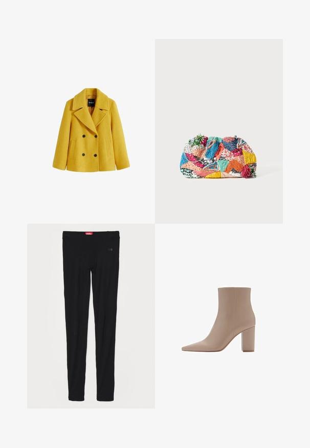 Žlutý vlněný blendový kabát typu peacoat s texturovaným povrchem, dvouřadým zapínáním, širokými klopami, dvěma předními našitými kapsami a černými knoflíkovými akcenty.; Seasalt Cornwall Top s dlouhým rukávem - white salt; Černé legíny vyrobené z hladkého materiálu, s vysokým pasem a jemným logem v přední části. Legíny mají úzký, přiléhavý střih.; Béžový kotník s špičatou špičkou, vyrobený z hladkého materiálu, s průhledným blokovým podpatkem a minimalistickým designem.; Barevná pletená kabelka s různými vzory v růžové, modré, zelené a žluté barvě, s texturovanými ozdobami a dekoračními akcenty.