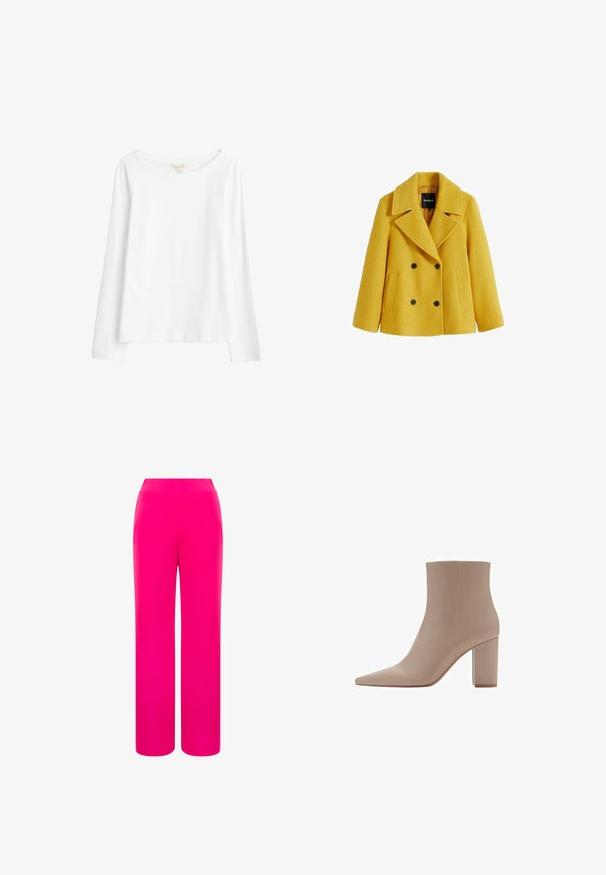 Cappotto peacoat giallo in misto lana con finitura testurizzata, design doppiopetto, ampi risvolti, due tasche frontali a toppa e dettagli in bottone neri.; Seasalt Cornwall Maglietta a manica lunga - white salt; Pantaloni larghi di colore rosa brillante con una texture liscia e un design a vita alta. Realizzati in un tessuto leggero per comfort e facilità di movimento.; Stivale beige alla caviglia con punta affusolata, realizzato in materiale morbido, dotato di tacco a blocco trasparente e design minimalista.