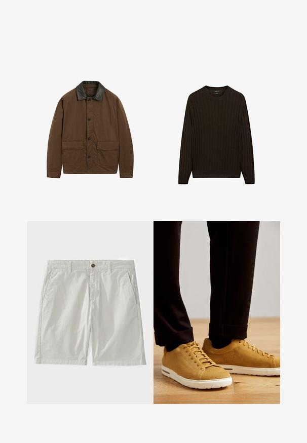 Giacca marrone in tessuto con colletto in pelle nera, dotata di due tasche frontali, chiusura con bottoni e una vestibilità rilassata.; Maglione marrone a coste con maniche lunghe e collo rotondo. Presenta un tessuto testurizzato e una vestibilità aderente in vita e ai polsini.; Pantaloni shorts bianchi in cotone con chiusura a bottone, passanti per cintura e tasche laterali. Il tessuto appare liscio con un design classico e sartoriale.; Sneakers gialli a coste con suole bianche, caratterizzati da punta rotonda, design con lacci e superficie texturizzata, indossati con pantaloni neri a risvolto su un pavimento in legno.