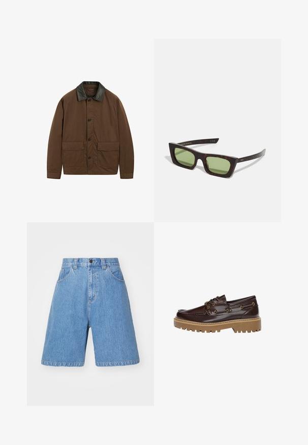 Brązowa kurtka wykonana z tkaniny z czarnym skórzanym kołnierzem, posiadająca dwie przednie kieszenie, zapięcie na guziki oraz luźny krój.; Trzy białe topy na ramiączkach wykonane z prążkowanej bawełny. Każdy z okrągłym dekoltem i małą metką z logo przy dolnym brzegu. Klasyczny, prosty design.; Jasnoniebieskie szorty dżinsowe o luźnym kroju, wysoki stan, pięć kieszeni i delikatne wyblaknięcia. Posiadają zapięcie na guzik oraz szlufki na pasek.; Brązowe skórzane buty żeglarskie z teksturowanym wykończeniem, z elementami złotego hardware'u, grubą tanową gumową podeszwą i klasycznym designem na sznurowadła.; Okulary przeciwsłoneczne w wzorze tortoiseshell, o prostokątnej oprawie, zielonych soczewkach i smukłych zausznikach. Dodatki obejmują złoty napis na zauszniku.