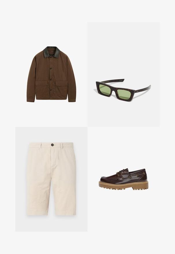 Bruine jas van stof met een zwart leren kraag, voorzien van twee voorzakken, knoopsluiting en een ontspannen pasvorm.; Drie witte tanktops van ribgebreide katoen. Elke top heeft een ronde halslijn en een klein logo-label aan de zoom. Klassiek, eenvoudig design.; Beige katoenen shorts met een regular fit, voorzien van een knoopsluiting, voorzakken en omgeslagen zomen. Gladde textuur met minimale kreukels.; Bruine leren bootschoen met gestructureerde afwerking, voorzien van gouden hardware accenten, een dikke tan rubberen zool en een klassiek vetersluitingsontwerp.; Tortoiseshell zonnebril met een rechthoekig frame, groene glazen en slanke armen. Accentueert met gouden tekst op de poot.