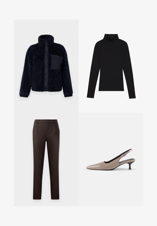 Chaqueta de forro polar azul marino con un cuello alto, botones a presión y un acabado texturizado. Presenta un bolsillo con cremallera negro en el lado izquierdo del pecho.; Top de manga larga de cuello alto negro, hecho de tela de canalé, presenta un diseño ajustado con un cuello alto y sin patrones ni acentos.; Pantalones marrones a medida con una textura suave, que cuentan con bolsillos frontales, un diseño de frente plano y una silueta ajustada.; Zapatos slingback de punta afilada en brillante cuero sintético beige con un tacón estrecho y tira ajustable para un ajuste seguro.