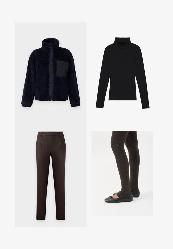 Giacca in pile blu navy con colletto alto, bottoni a pressione e finitura testurizzata. Presenta una tasca con zip nera sul lato sinistro del petto.; Maglione a collo alto nero a maniche lunghe, realizzato in tessuto a coste, presenta un design aderente con un collo alto e senza motivi o dettagli.; Pantaloni marroni su misura con una texture liscia, dotati di tasche frontali, design con frontale piatto e silhouette slim fit.; Scarpe nere a flat con un piccolo fiocco sulla punta, abbinate a collant a coste marrone scuro. Le scarpe hanno una texture liscia e un profilo basso.