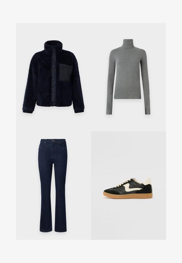 Tumši zila vilnas jaka ar augstu apkakli, spiedpogu aizdari un teksturētu apdari. Iekļauj melnu kabatu ar rāvējslēdzēju kreisajā krūtī.; Pelēka uzvalka krekliņa ar augstu apkakli, izgatavots no gludas, elastīgas auduma. Garas piedurknes, pielāgota forma, minimāla tekstūra, bez redzamām rakstām vai aparatūras.; Tumši zilas džinsu bikses ar platām kājām, piecu kabatu dizains un poga jostas vietā. Gluda tekstūra ar minimālu šuvju skaitu.; Melna zamšāda un ādas sporta apavi ar krēmkrāsas sānu svītru un gaiši krēmkrāsas papēdi. Ar beigu krāsas auklām un gumijas zole.