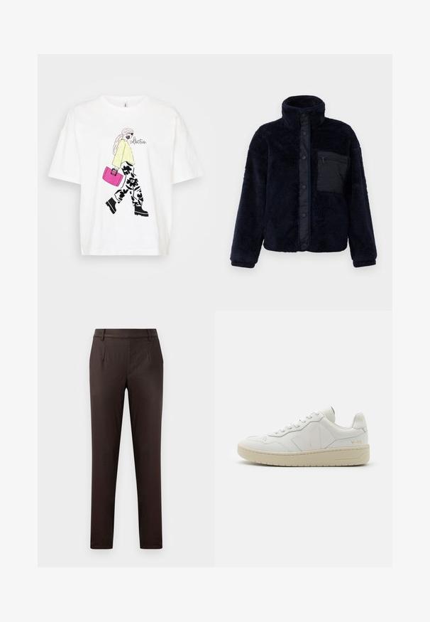 Navy blue fleece jacket with a high collar, snap buttons, and a textured finish. Features a black zippered pocket on the left chest.; White T-shirt featuring a graphic of a figure in a yellow sweater and floral pants, carrying a pink bag. Black accents add detail.; Brown tailored trousers with a smooth texture, featuring front pockets, a flat front design, and a slim fit silhouette.; White leather sneakers with perforated toe box, contrasting beige rubber sole, and logo accents on the side and heel. Minimalist design.