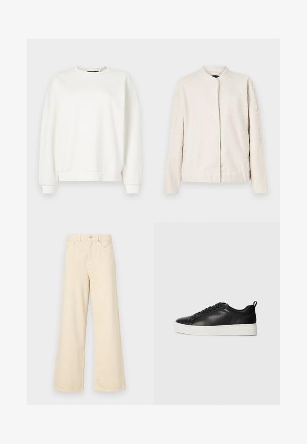 Kremasto bež jakna od teksturiranog materijala, s okruglim ovratnikom, dugim rukavima i prednjim zatvaranjem bez vidljivih dugmadi.; Bijela majica s dugim rukavima i okruglim izrezom, spuštenim ramenima i elastičnim manžetama, napravljena od mekog, laganog materijala s glatkom teksturom.; Bež traperice širokih nogavica napravljene od pamuka. Imaju zatvaranje na dugme, petlje za remen i prednje džepove s glatkom, mekanom teksturom.; Crne kožne patike niskog profila s crnim vezicama i bijelim debelim gumeni đonom, prikazane sa vanjske strane na bijeloj pozadini.