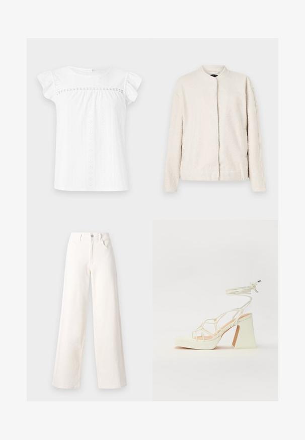 Chaqueta color crema hecha de material texturizado, con cuello redondo, mangas largas y un cierre frontal sin botones visibles.; Top blanco de manga corta hecho de una tela texturizada con patrones de ojal. Presenta un escote fruncido y mangas con volantes, creando una silueta relajada.; Jeans de pierna ancha hechos de denim blanco roto, con cierre de botón en la parte delantera, dos bolsillos laterales y líneas limpias sin adornos.; Sandalia de tacón alto blanca con un tacón grueso, que presenta un diseño de tiras y un lazo en el tobillo. Textura suave con una plataforma en la parte delantera para mayor altura.