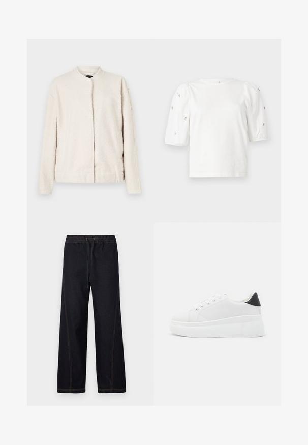 Kremo spalvos švarkas, pagamintas iš tekstūruoto audinio, su apvalia apykakle, ilgomis rankovėmis ir priekiniais užtrauktukais, be matomų mygtukų.; Balta medvilnės marškinėliai trumpomis pūstomis rankovėmis, papuošti mažomis sidabrinėmis detalėmis ant rankovių. Klasikinis apvalus iškirpimas, laisvas siluetas.; Tamsiai mėlynos džinsinės plačios kelnės su elastinga juosmens juosta ir raišteliu, kontrastingomis oranžinėmis siūlėmis bei tiesiomis, švariomis linijomis.; Balti platforminiai sportbačiai, pagaminti iš lygios sintetinio audinio, su apvaliu pirštu, raištelių užsegimu ir tekstūruota guma padanga. Juodas kulno akcentas.