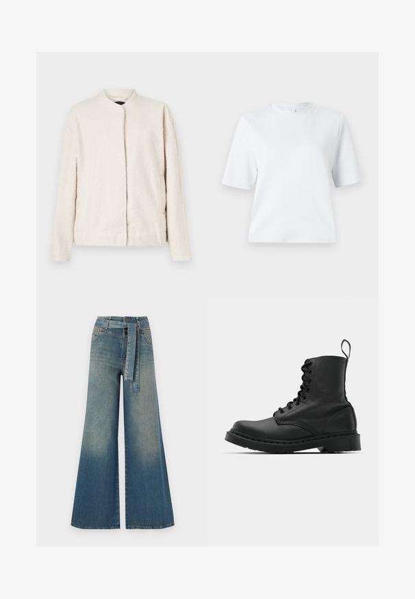 Krémszínű dzseki, amely textúrált anyagból készült, kerek gallérral, hosszú ujjakkal, és elől gombok nélkül záródik.; Világoskék, rövid ujjú póló, puha pamutból készült. Klasszikus, kerek nyakú és laza szabású, minta vagy díszítés nélkül.; Bőszárú farmernadrág, világos és sötétkék árnyalatokkal, magas derekú, övgyűrűkkel és a nadrággal megegyező anyagú övvel. Textúrált farmer kivitel.; Fekete bőr harci csizma, kerek orral, fűzős elülső résszel és húzófüllel a bokánál. Vastag gumitalp jellemzi, amely tartósságot biztosít.