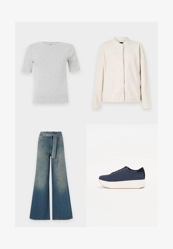 Krämfärgad jacka i texturerat material, med rund krage, långa ärmar och en framknäppning utan synliga knappar.; Grå kortärmad t-shirt i mjuk bomullsblandning, med rund halsringning och minimala sömmar. Logotypen visas vid nacken.; Breda denimbyxor med en ljus till mörkblå gradient, hög midja, bälteshällor och ett matchande tygbälte. Texturerad denimfinish.; Marinblå sneaker med en strukturerad tygöverdela, vit plattformssula, rund tå och svart hälsaccent. Har sex hål för snörning.