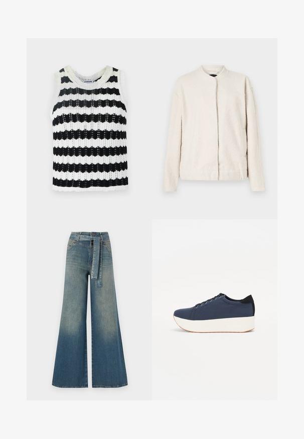 Krēmkrāsas jaka, izgatavota no teksturēta materiāla, ar apaļu apkakli, garām piedurknēm un priekšējo aizdari bez redzamām pogām.; Melnbaltas svītrainas bezpiešu adītas blūzes ar apaļu izgriezumu, ar teksturētu rakstu un viļņotu apakšu.; Platām kājām džinsu bikses ar gaismas līdz tumši zilam gradientam, augstu jostas līniju, jostas cilpām un atbilstošu auduma jostu. Tekstūrēts džinsas apdare.; Navy zilo apavi ar strukturētu auduma augšdaļu, baltu platformas zoli, noapaļotu pirkstu daļu un melnu papēža akcentu. Iekļautas sešas acs caurumi šnuķēšanai.