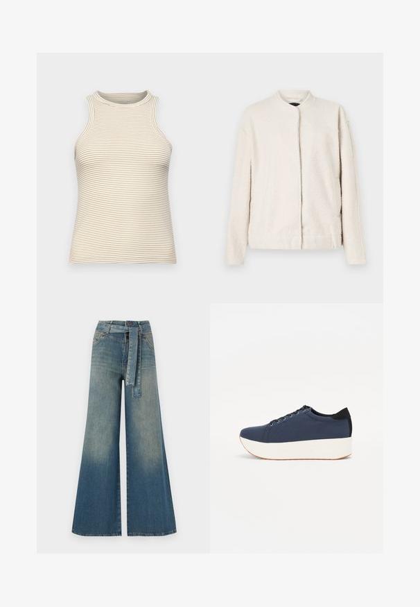 Krēmkrāsas jaka, izgatavota no teksturēta materiāla, ar apaļu apkakli, garām piedurknēm un priekšējo aizdari bez redzamām pogām.; Bezrūšu tops ar augstu apkakli, izgatavots no teksturēta auduma ar smalkām horizontālām bēžām un baltām svītrām. Pieguļoša forma, bez redzamām detaļām.; Platām kājām džinsu bikses ar gaismas līdz tumši zilam gradientam, augstu jostas līniju, jostas cilpām un atbilstošu auduma jostu. Tekstūrēts džinsas apdare.; Navy zilo apavi ar strukturētu auduma augšdaļu, baltu platformas zoli, noapaļotu pirkstu daļu un melnu papēža akcentu. Iekļautas sešas acs caurumi šnuķēšanai.
