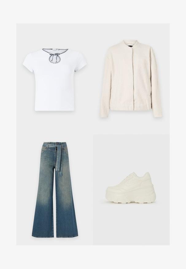 Kreemivärvi jakk, mis on valmistatud tekstureeritud materjalist, ümmarguse kraega, pikkade varrukatega ja esitasku sulgemisega, kus ehtsate nööpide jälgi ei ole.; Valge lühikese varrukaga T-särk, millel on ümmargune kaelus ja must-valge ruuduline paelakaunistus kaelaümbruses. Pehme kangatextuur.; Laiad denimpüksid, millel on hele tume sinine gradiendiefekt, kõrge vöökoht, vöökumlid ja sobivast kangast vöö. Struktureeritud denimi viimistlus.; Valged platvormi tõusukingad, millel on siledast nahast meenutav pealis, ümar kuju, pehmendatud kaelus ja tekstureeritud kummitald koos selgete hüdrofoobsete mustritega.